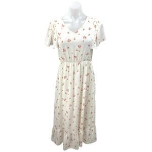 Orange Creek White Floral V-neck Short Flutter Sleeve Midi A-Line Dress Size S
